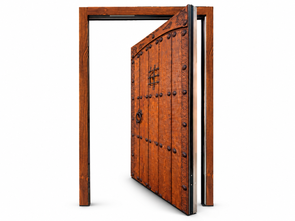 Puerta pivotante rústica de madera abierta con marco metálico